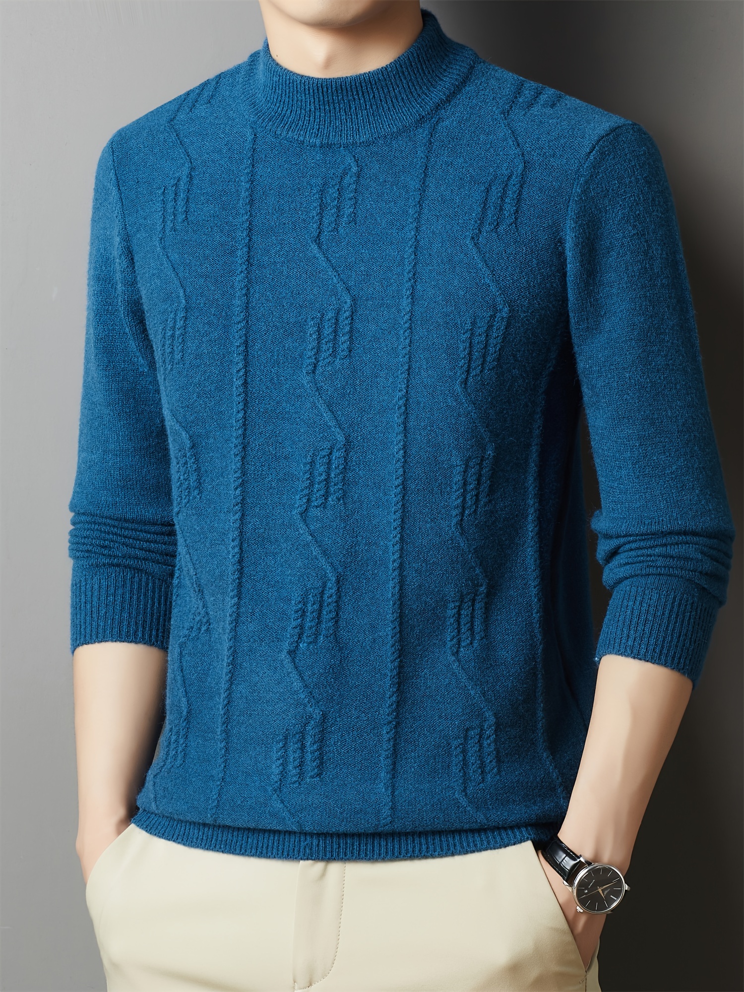 Cozy & Stylish Men s Knit Sweater - Solid Color, Round Neck, Long Sleeve Pullover for Fall/Winter | Soft Polyester details 3