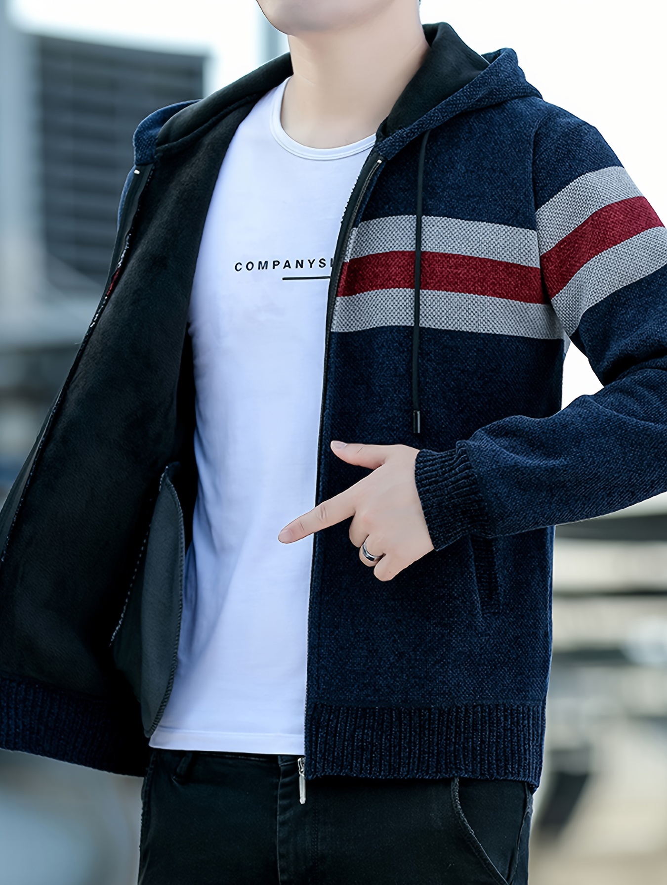 Men S Casual Knit Polyester Hooded Sweater, Long Sleeve Zip-Up Jacket, Regular Fit, with and Design, for Travel, Fishing, Golf, Daily details 5