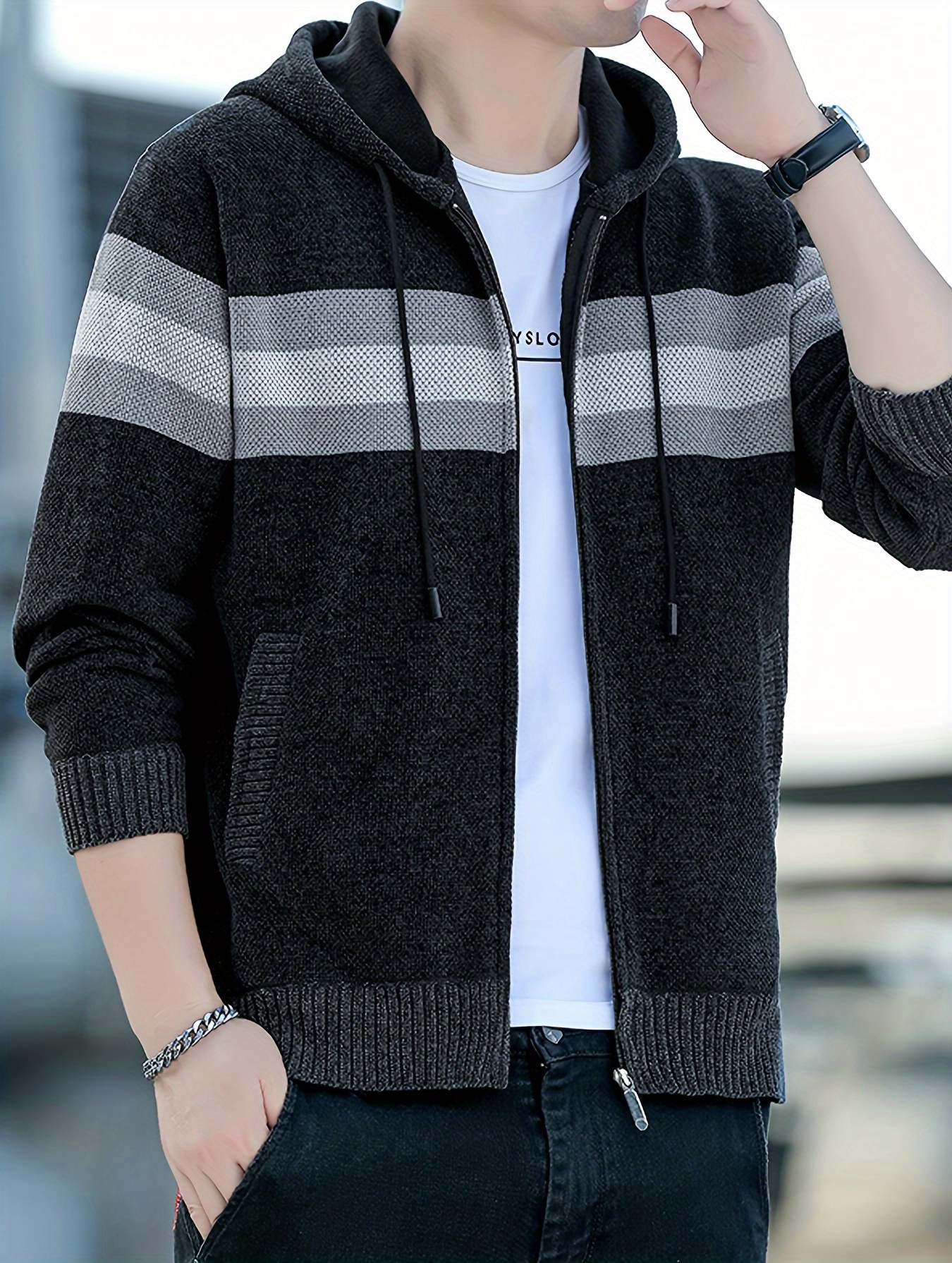 Men S Casual Knit Polyester Hooded Sweater, Long Sleeve Zip-Up Jacket, Regular Fit, with and Design, for Travel, Fishing, Golf, Daily details 29