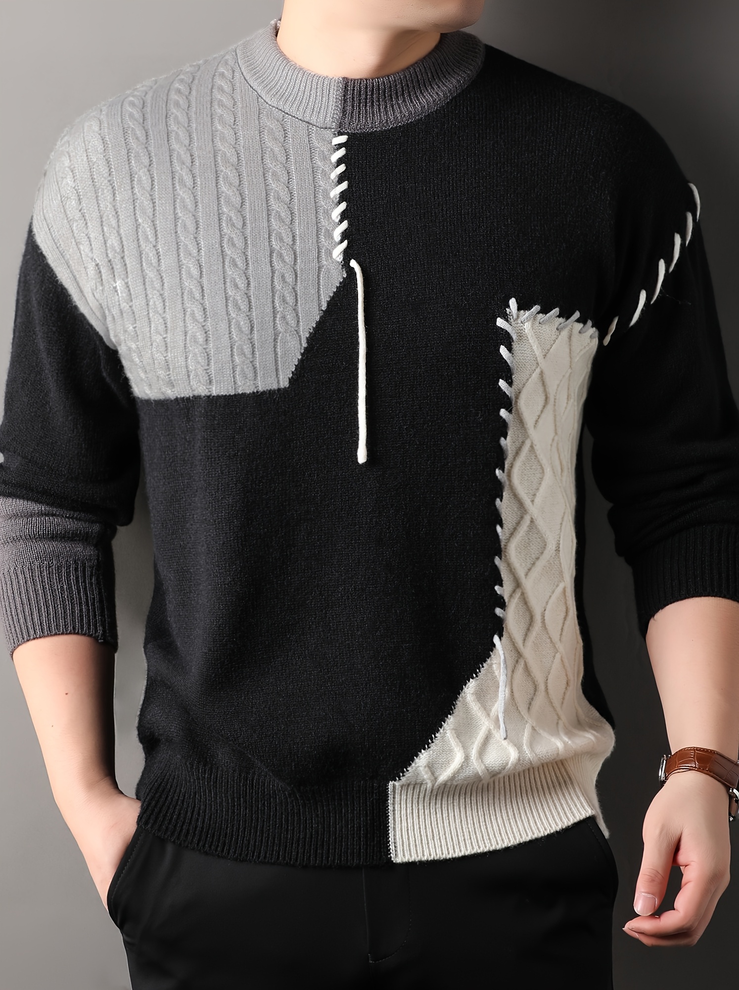 1pc mens korean neck sweater casual striped pattern rib knit stretch loose fit acrylic knit fabric warm pullover for fashionable base layer top 12422 details 0