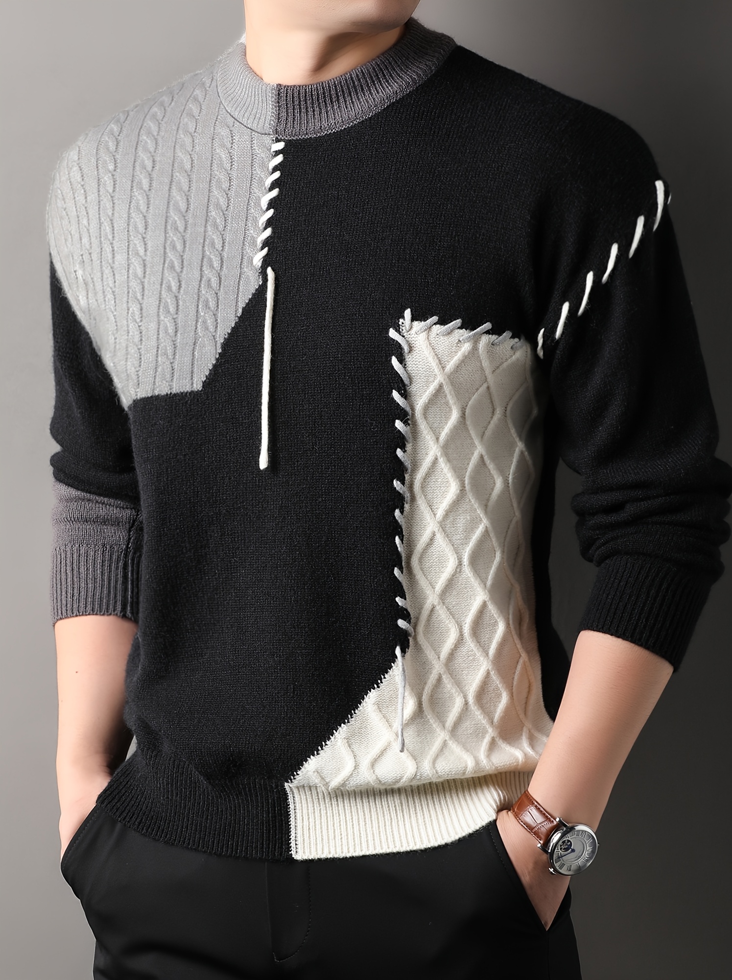 1pc mens korean neck sweater casual striped pattern rib knit stretch loose fit acrylic knit fabric warm pullover for fashionable base layer top 12422 details 1