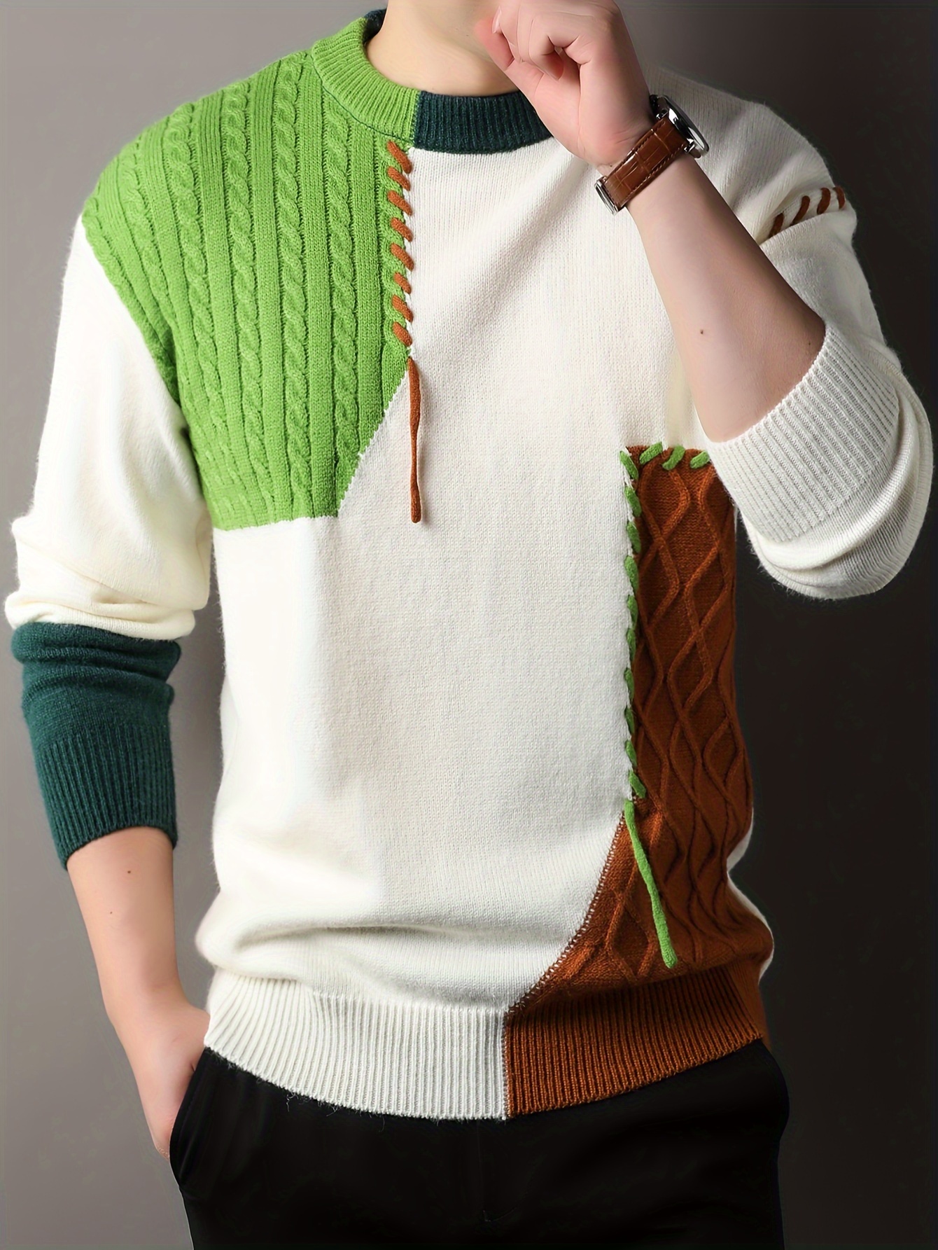 1pc mens korean neck sweater casual striped pattern rib knit stretch loose fit acrylic knit fabric warm pullover for fashionable base layer top 12422 details 4