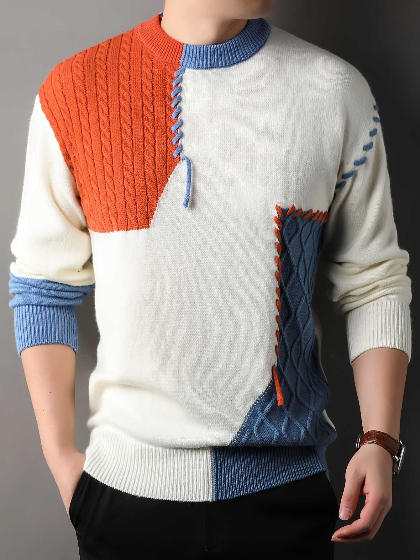 1pc mens korean neck sweater casual striped pattern rib knit stretch loose fit acrylic knit fabric warm pullover for fashionable base layer top 12422 details 5