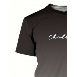 Mens Summer 3D Script Print T-Shirt - Breathable Crew Neck Tee with Slight Stretch, Polyester Blend Fabric, Regular Fit, and Casual Short Sleeve Design - Perfect for Outdoor Activities