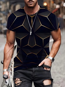 1pc Men'S Summer Fashion 3D Geometric Print T-Shirt, Casual Crew Neck, Polyester Knit Fabric with Slight Stretch, Regular Fit