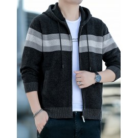 1pc Men'S Casual Color Block Chenille Hooded Knit Jacket - Polyester Long Sleeve Zip-Up with Slight Stretch, Regular Fit Hooded Sweater for Fall/Winter