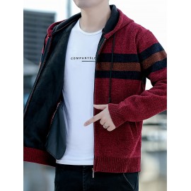 1pc Men'S Casual Color Block Chenille Hooded Knit Jacket - Polyester Long Sleeve Zip-Up with Slight Stretch, Regular Fit Hooded Sweater for Fall/Winter