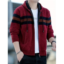 1pc Men'S Casual Color Block Chenille Hooded Knit Jacket - Polyester Long Sleeve Zip-Up with Slight Stretch, Regular Fit Hooded Sweater for Fall/Winter