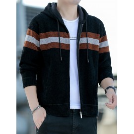 1pc Men'S Casual Color Block Chenille Hooded Knit Jacket - Polyester Long Sleeve Zip-Up with Slight Stretch, Regular Fit Hooded Sweater for Fall/Winter