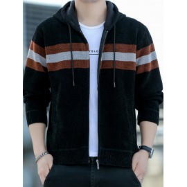 1pc Men'S Casual Color Block Chenille Hooded Knit Jacket - Polyester Long Sleeve Zip-Up with Slight Stretch, Regular Fit Hooded Sweater for Fall/Winter