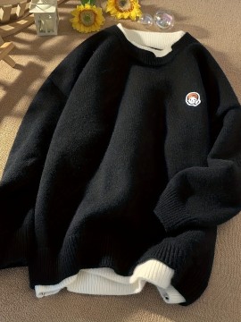 Men's Loose Color Block Cute Boy Graphic Print Fake Two-piece Knitted Pullover, Casual Long Sleeve Crew Neck Sweater For Fall