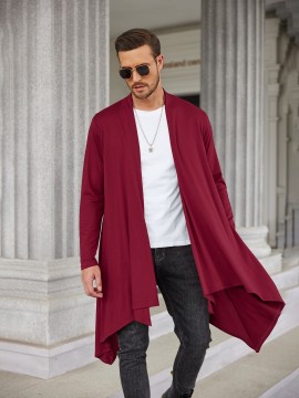 Men's Ruffle Shawl Collar Cardigan Long Sleeve Open Front Lightweight Long Length Drape Cape Overcoat with Pockets