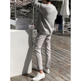 Men'S Casual V-Neck Cardigan, Polyester Knit Fabric, Solid Color, Long Sleeve, Loose Fit, with Button Detail, for Fall/Winter Collection