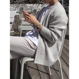Men'S Casual V-Neck Cardigan, Polyester Knit Fabric, Solid Color, Long Sleeve, Loose Fit, with Button Detail, for Fall/Winter Collection