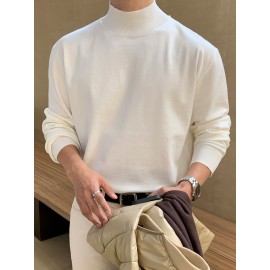 Men'S Fall/Winter Casual Knit Pullover Sweater, Solid Color, Long Sleeve, Slight Stretch, Regular Fit with High Neck Collar