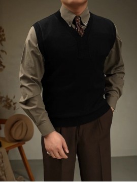 Men's Casual V-Neck Sweater Vest - Knit, Stretch Fabric, Perfect for Spring/Fall