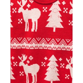 1pc Festive Acrylic Christmas Sweater for Men and Women - Crew Neck, Long Sleeve, Regular Fit, Knit Fabric with Deer and Tree Patterns, Medium Stretch, Party Pullovers for Fall/Winter