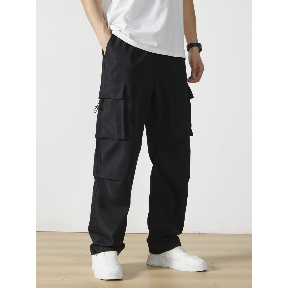 Men's Casual Flap Pocket Straight Leg Cargo Pants, Street Style Casual Pants For Outdoor Activities