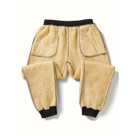 1pc Men'S Casual Mid Waist Sweatpants,  Fall/Winter Thick Fleece Lined, Solid Color Polyester Knit Fabric, Non-Stretch, Regular Fit Drawstring Waist, Weekend Comfort Warmth, No Belt - Polyester Fiber Filled