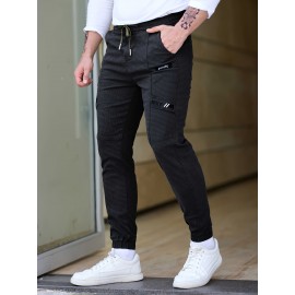 Men's Cotton Blend Label Decor Jogger Pants With Drawstrings, Casual Loose Fit Harem Trousers As Gift