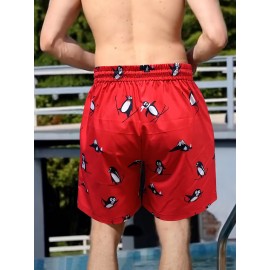 Men's Trendy Cartoon Penguin Pattern Print Active Shorts, Drawstring Beach Shorts For Summer Beach Resort, Hawaiian Shorts
