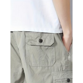 Casual Solid Men's Regular Fit Elastic Waist Cotton Cargo Shorts With Side Pockets For Summer Outdoor Leisure And Work