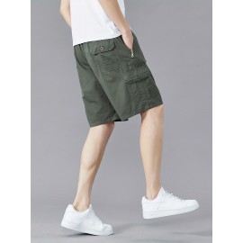 Casual Solid Men's Regular Fit Elastic Waist Cotton Cargo Shorts With Side Pockets For Summer Outdoor Leisure And Work