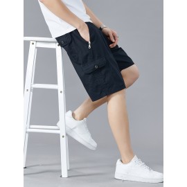 Casual Solid Men's Regular Fit Elastic Waist Cotton Cargo Shorts With Side Pockets For Summer Outdoor Leisure And Work