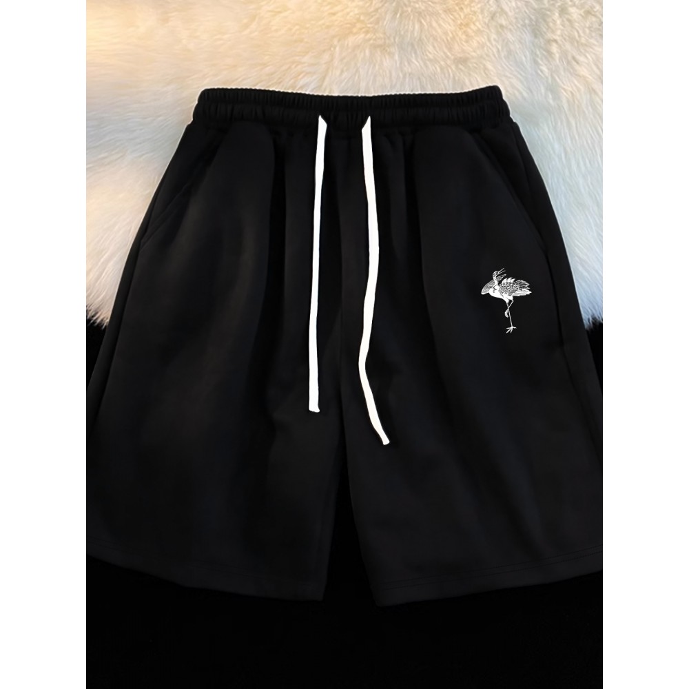 1pc Crane Emblem Casual Shorts, Polyester Knit Fabric with Slight Stretch, Regular Fit with Pockets, Alphabet Pattern - Comfortable Summer Wear