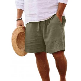 1pc Men'S Casual Linen Blend Shorts - Solid Color, Drawstring Elastic Waist, Breathable Slight Stretch Fabric, Loose Fit Beach Shorts