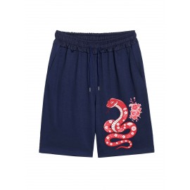 1pc Men'S Casual Polyester Shorts with Elastic Snake Print, Knitted Summer Beachwear, Regular Fit Trendy Outerwear