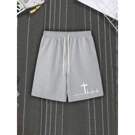 Men's Casual Cross Print Shorts with Pockets - Breathable Polyester, Machine Washable