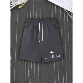 Men's Casual Cross Print Shorts with Pockets - Breathable Polyester, Machine Washable